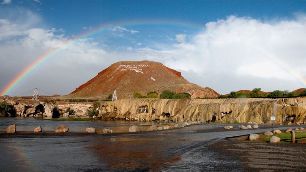 Rainbow over Hot Springs State Park in Wyoming during the summer season.