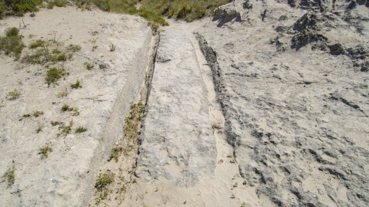 Ruts in rocks at Oregon Trail Ruts near Guernsey Wyoming