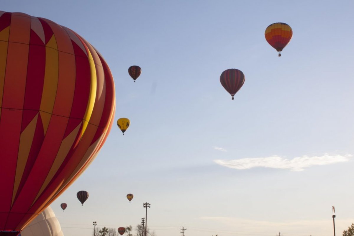 Hot air balloons fill the air during the Riverton Rendezvous Balloon Rally, a popular event every summer in Wyoming.