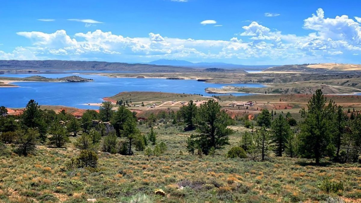 A scenic view of a lake, trees and mountains in the background.