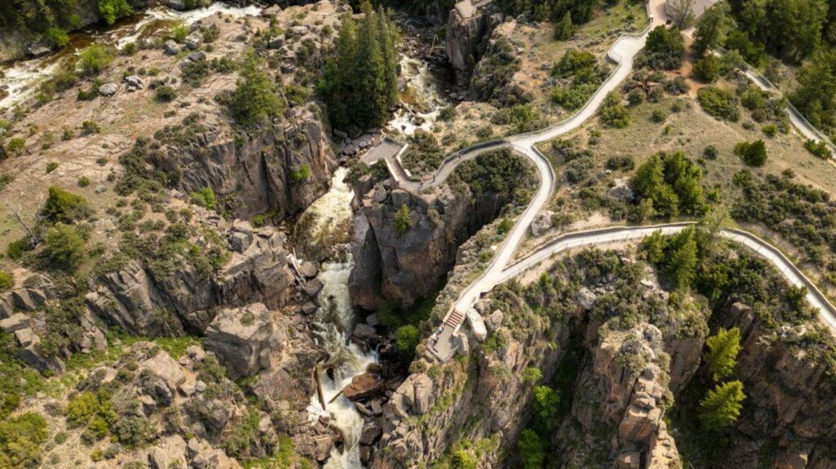 A sweeping aerial view overlooking the natural terrain in Shell Falls in Wyoming.