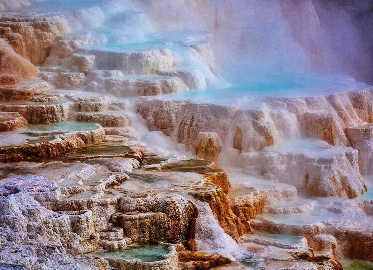 Water flowing down the rocks at Mammoth Hot Springs, a Yellowstone feature. 