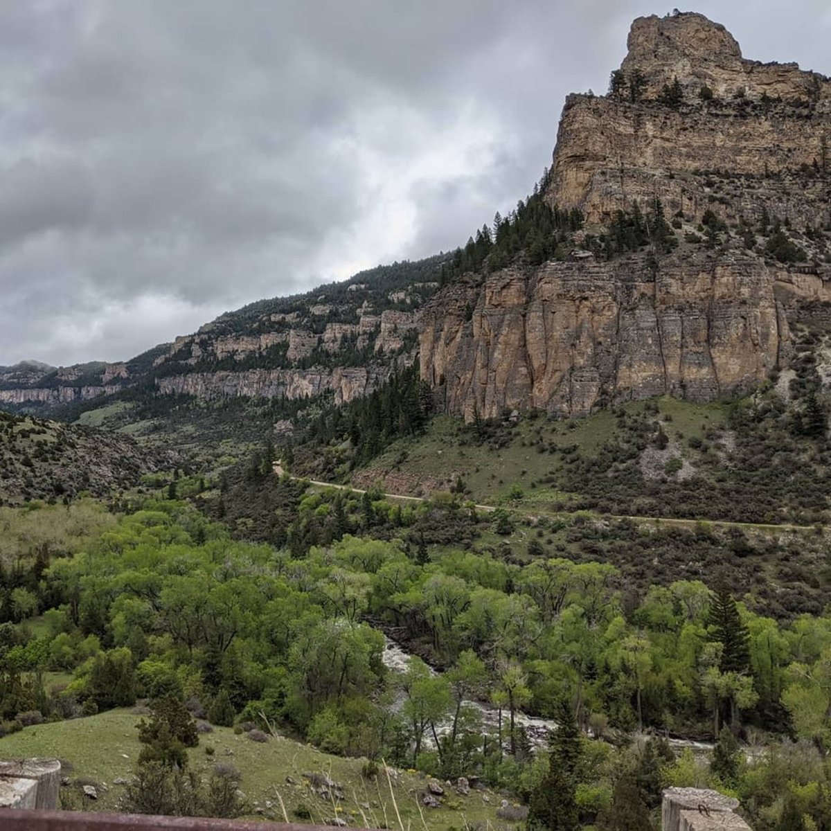View of the river and road running through Ten Sleep canyon in Wyoming