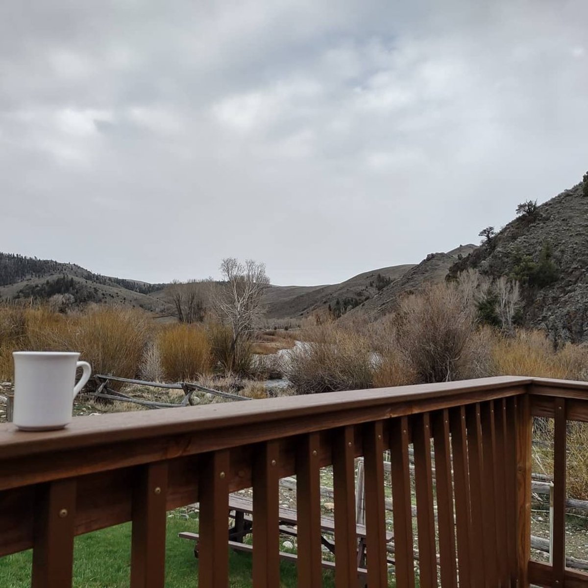 A coffee cup resting on the rail of a wooden deck in the foreground and a landscape of brush and hills in the background at A Bar A Ranch.