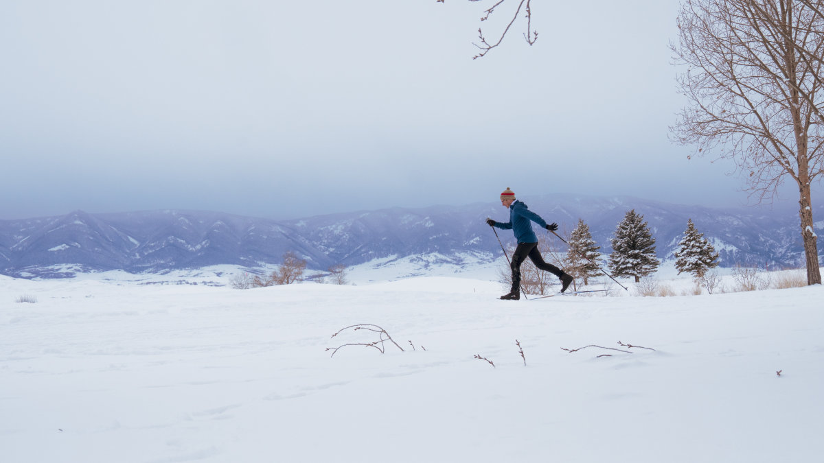 Just off to the side or gliding in the mid-ground, a Nordic skier moves in a rhythmic skate-ski motion. Their slim skis and poles create a sharp, linear elegance against the soft curves of the landscape.