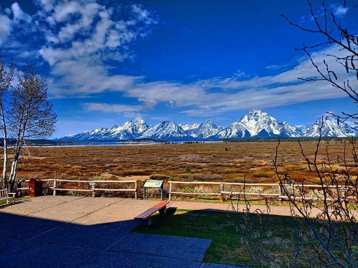 View of the Tetons from a lodge.