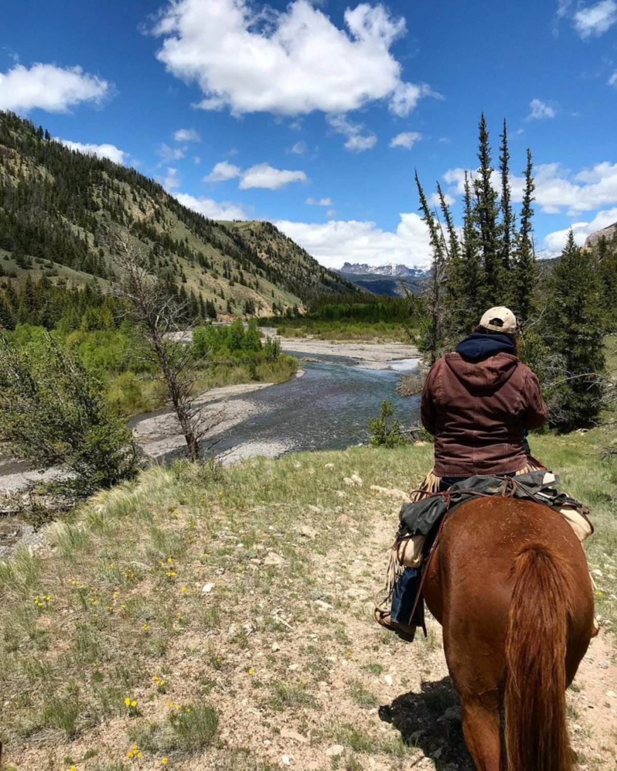 A person riding a horse past a creek and tree-covered mountains and landscapes in the distance at Lazy L&B Ranch.