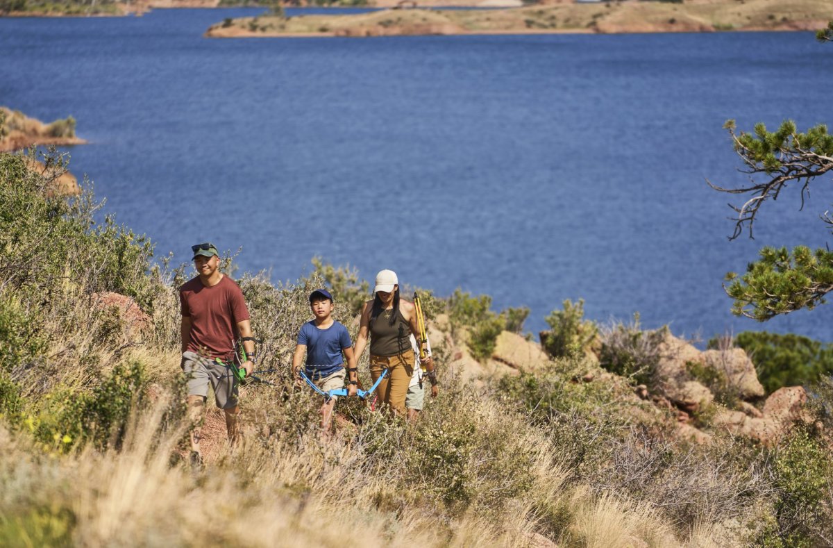 Family enjoying a hike at Curt Gowdy State Park.