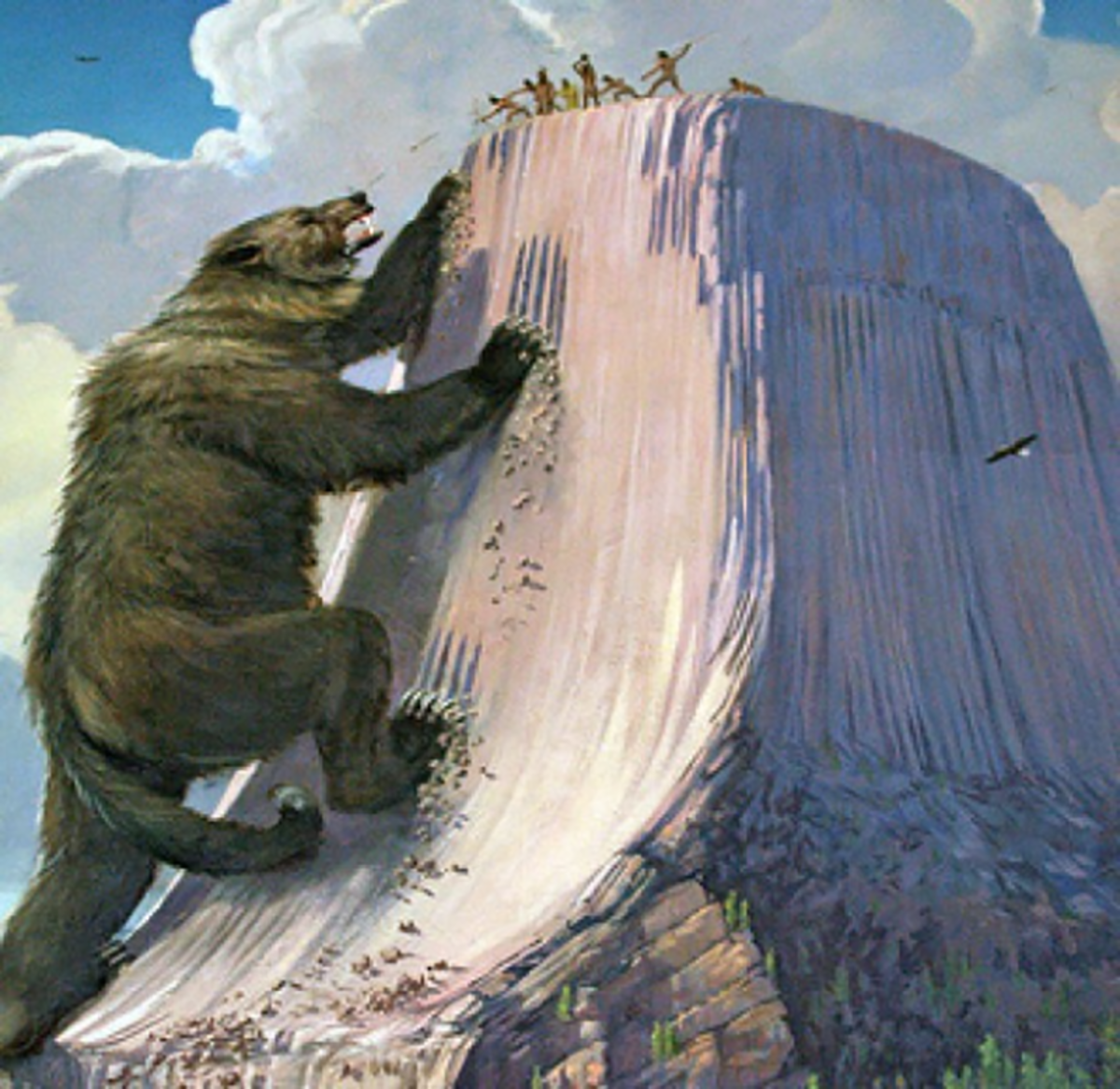 Bear going up a mountain while tribe is trying to stop it 