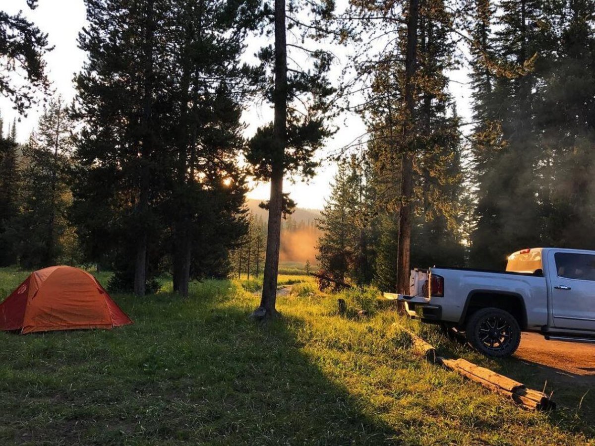 A small tent and a pick up trick in a small clearing within a forest of tall trees in Grand Teton National Park.