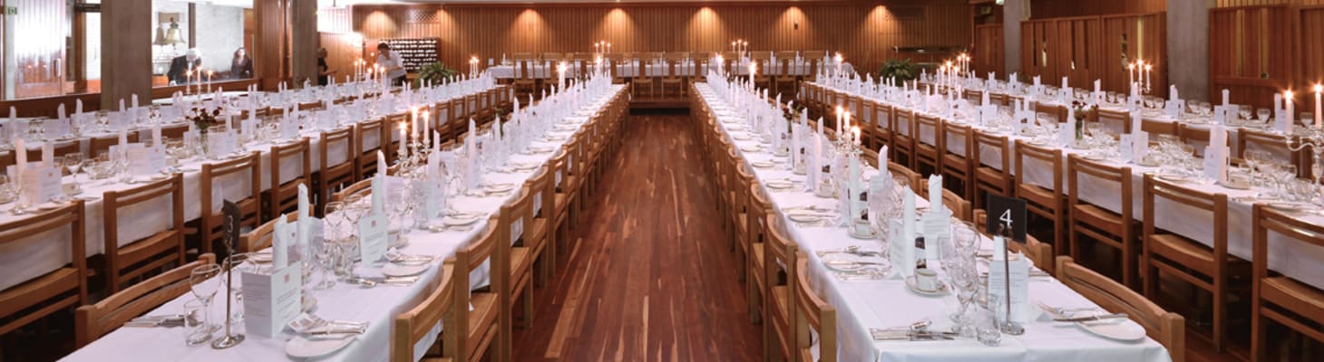 The Dining Hall panelled in Columbian Pine, has solid ash chairs and oak stained tables. Splendid venue for any occasion.