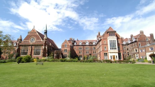 Garden lawn ideal for drinks receptions with the impressive backdrop of traditional Homerton College building