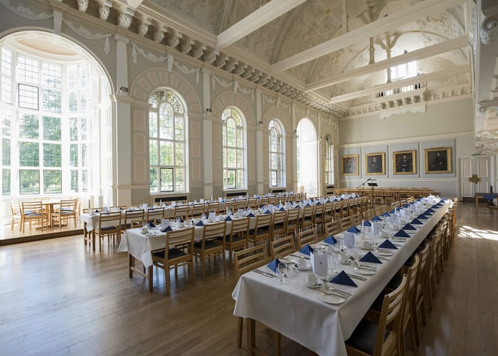 The College Hall, which is at the heart of the college is stunningly decorated in light pastel colours with 7 long arched windows which creates a light, bright space with views of the garden. The Hall can hold from 20 to 180 for dinners, 200 for drinks receptions and from 60 to 150 for weddings.
