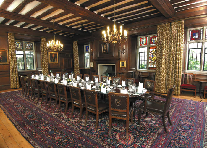 The OSCR (Old Senior Combination Room) set up to 20 guests for private dining, in grand oak panelled surroundings.