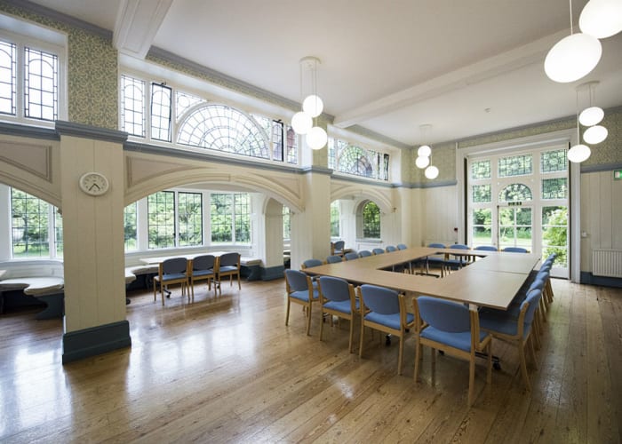 Situated in the oldest of the College buildings the room is lit by three large window embrassures and two French windows, opening onto the garden. It can seat up to 60 theatre style and is registered as a civil ceremony room.