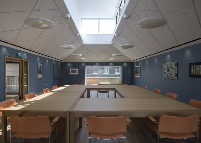 The Dining Room at Wesley House, Cambridge, a large bright and airy meeting room fully equipped with AV equipment.