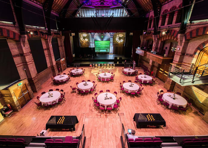 Spacious auditorium for large events & dining, with a traditional feel & large stage area
