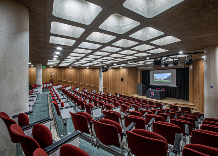 The McCrum Lecture theatre, a view looking from the back to the stage, a great modern space for conferences.