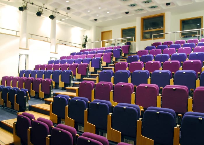 The Kaetsu Lecture Theatre leads directly off from the Foyer and seats up to 146 delegates in raked fixed seats, each with an individual writing table attached for easy note-taking. The theatre is equipped with a fixed SXGA data projector and 2 lapel and 2 hand-held microphones, with theatre style lighting and an A.V. booth located at the rear of the auditorium.