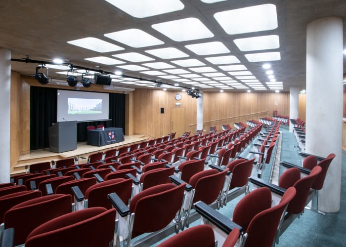 The McCrum auditiorium, a view from the back row looking to the stage, ideal for conferences, lectures and presentations.