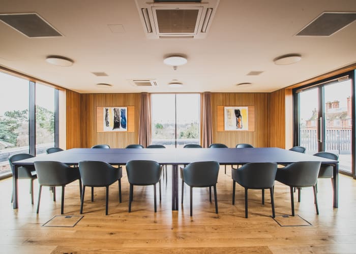 The stunning Pavilion Room, is located on the rooftops, with amazing views across Cambridge.  It can take 16 boardroom or 40 in a hollow square; as well as 16 for a private dinner.  The Pavilion has its own private terrace.