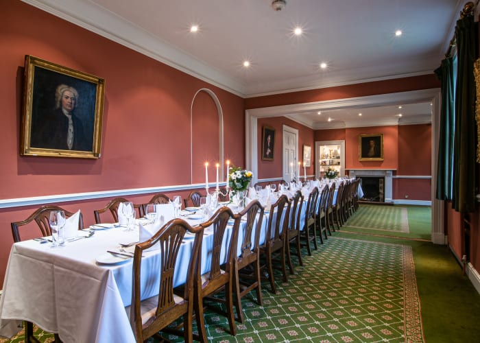 The Richard King room at Darwin College set up for a private dinner for 30 guests.