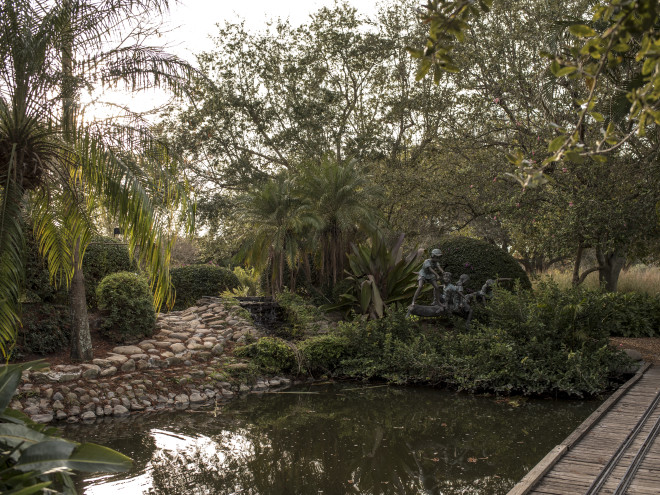 Garden with a pond on the park trail