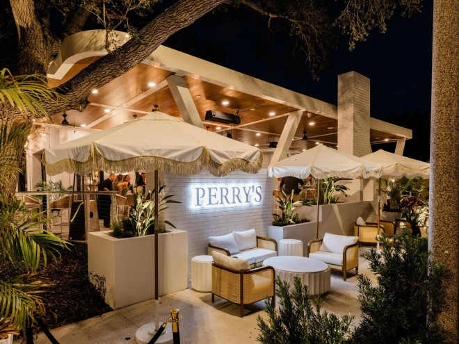 the elegant exterior of Perry's Porch restaurant