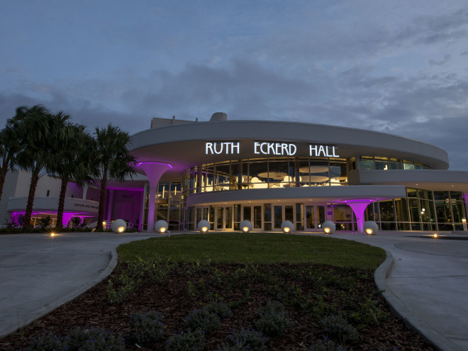 exterior of entrance of Ruth Eckerd Hall, Clearwater at twilight