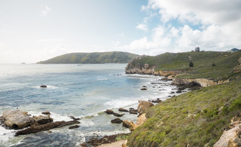 Rocky shoreline with green cliffs meeting the blue Pacific, gentle waves, scattered rocks, and sunlit hills along the coastline.