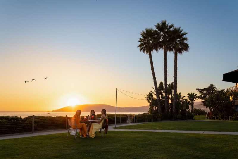 Three women in dresses sitting at a coastal table on green lawn with palm trees, birds and sunset behind the hills in background