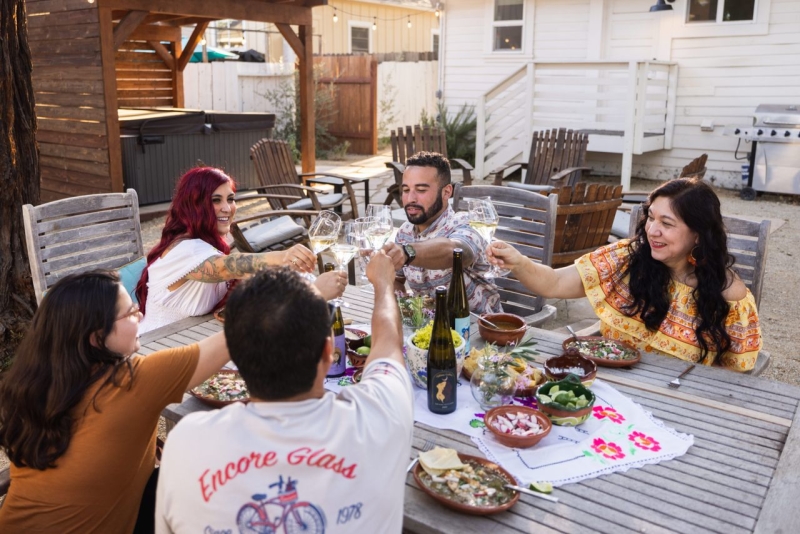 Group of Five Wine Tasting at Ulloa Cellars Eating Lunch and Toasting
