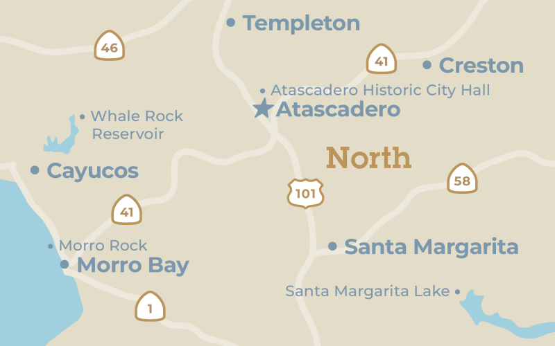 Close up map of the Atascadero region in San Luis Obispo County, California