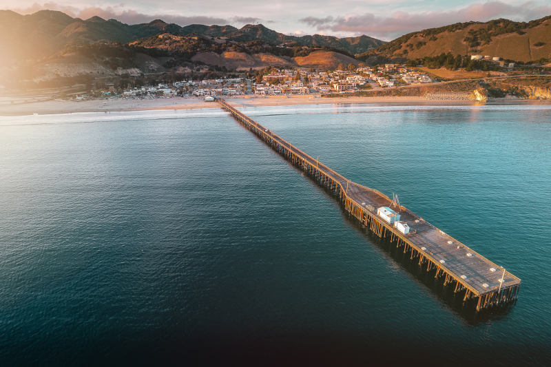 Ariel view of the Avila Beach pier in Avila Beach, San Luis Obispo County, California