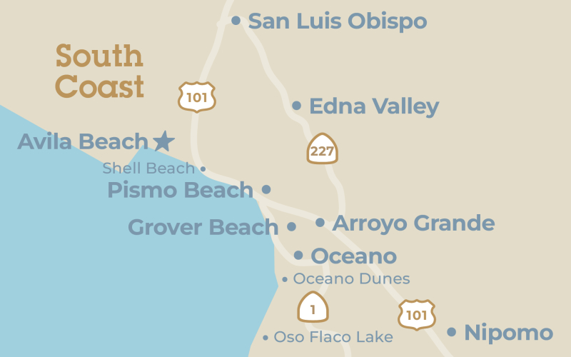 Close up map of the Avila Beach region in San Luis Obispo County, California