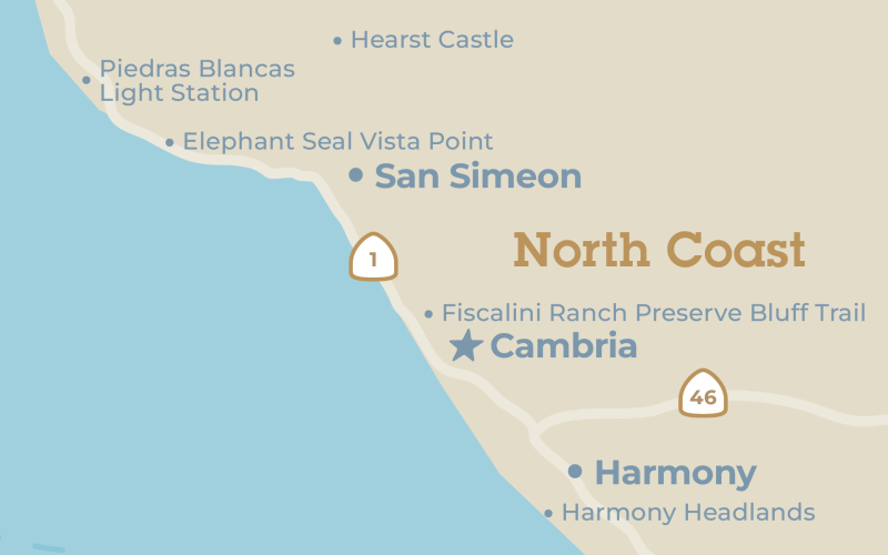 Close up map of the Cambria region in San Luis Obispo County, California