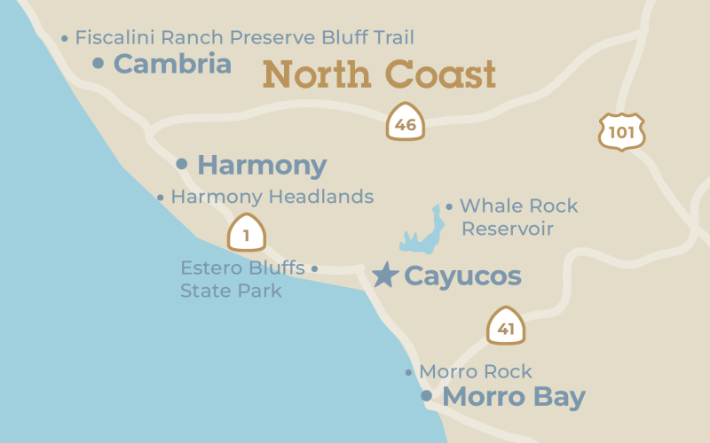 Close up map of the Cayucos region in San Luis Obispo County, California