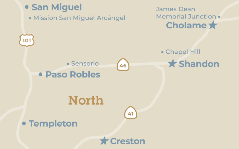 Close up map of the Creston, Shandon & Cholame region in San Luis Obispo County, California