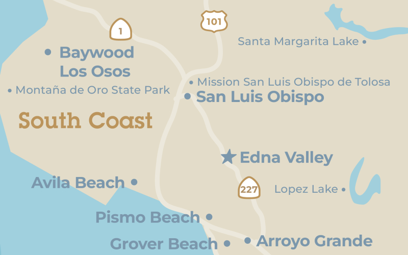 Close up map of the Edna Valley region in San Luis Obispo County, California