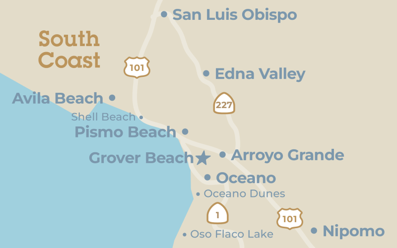Close up map of the Grover Beach region in San Luis Obispo County, California