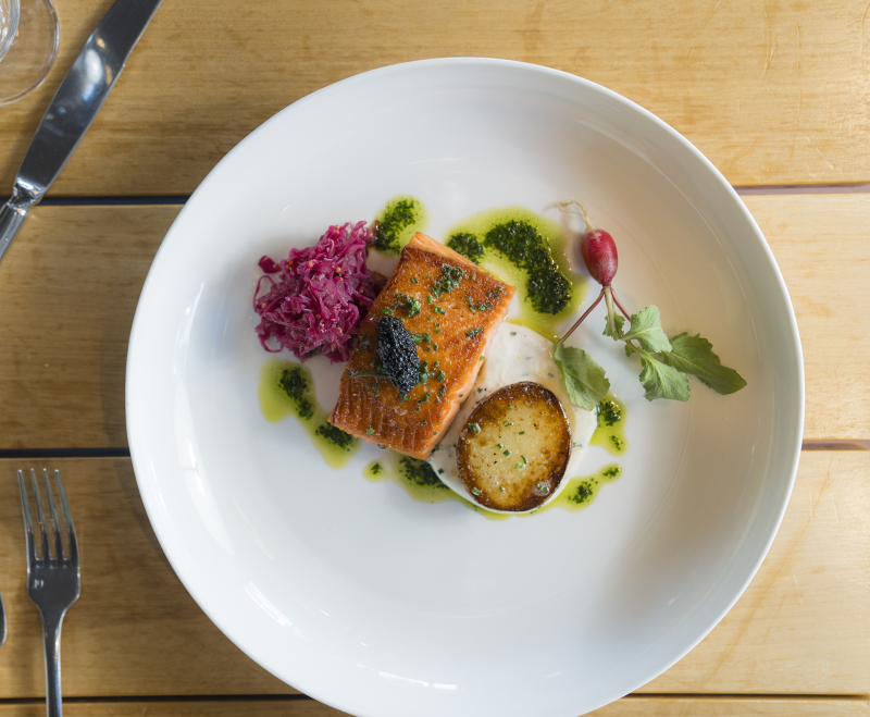 Colorful plate of food with salmon at Hotel San Luis Obispo
