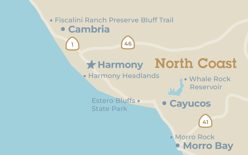 Close up map of the Harmony region in San Luis Obispo County, California