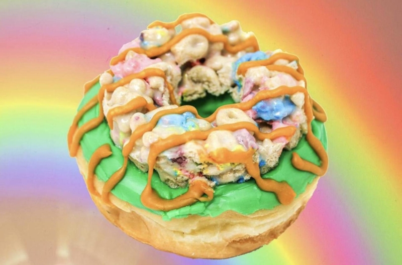 St. Patrick's Day SLODOCO Doughnut with rainbow background