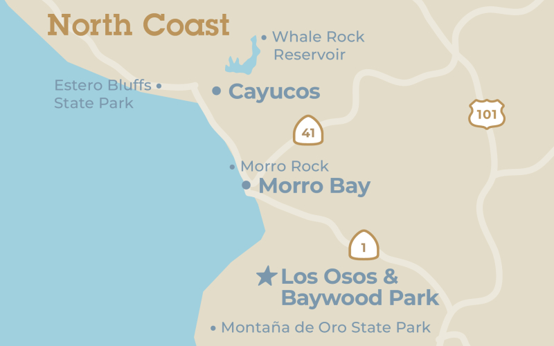 Close up map of the Los Osos & Baywood Park region in San Luis Obispo County, California