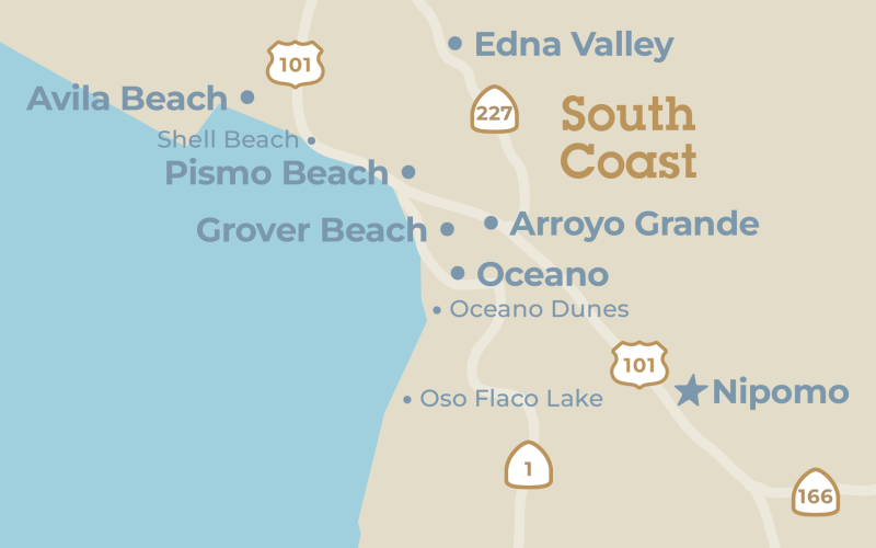 Close up map of the Nipomo region in San Luis Obispo County, California