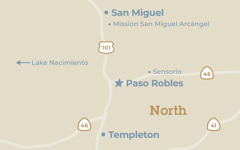 Close up map of the Paso Robles region in San Luis Obispo County, California