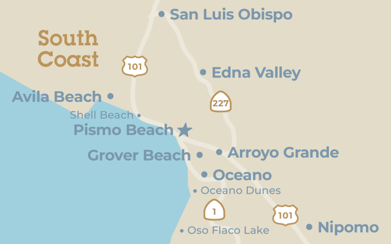 Close up map of the Pismo Beach region in San Luis Obispo County, California