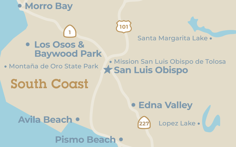 Close up map of the City of San Luis Obispo region in San Luis Obispo County, California