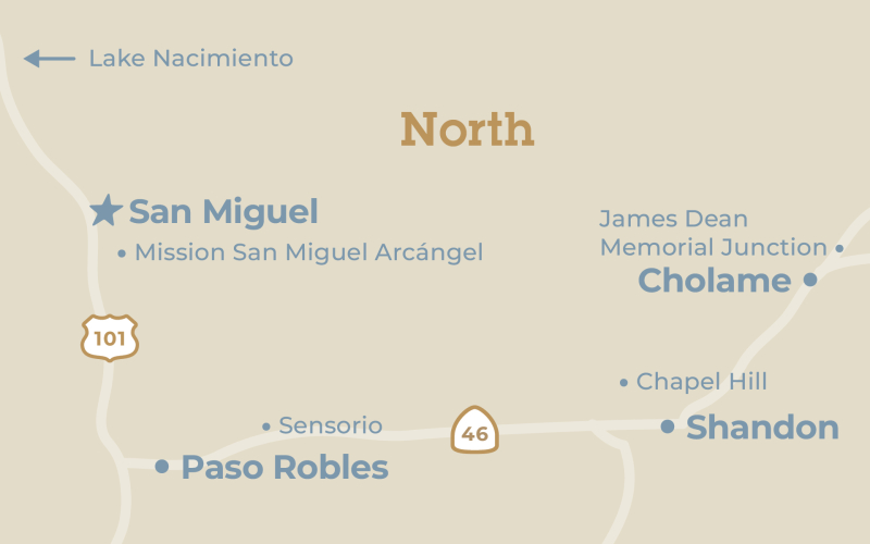 Close up map of the San Miguel, California region in San Luis Obispo County