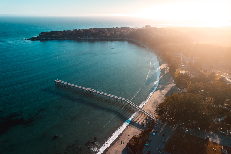Aerial view of San Simeon Pier at W.R. Hearst Memorial State Beach